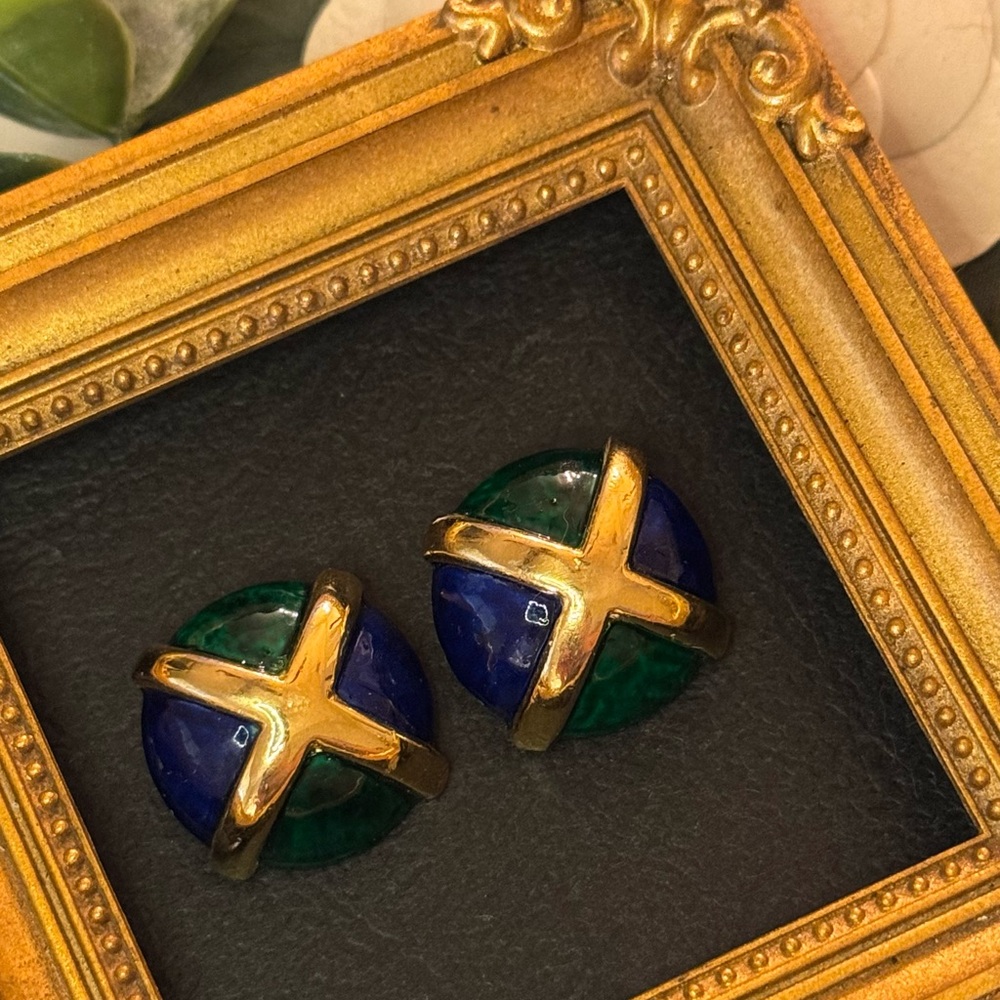 VTG Fabulous Blue and Green Marbled Enamel Goldtone Earrings - Picture 4 of 15